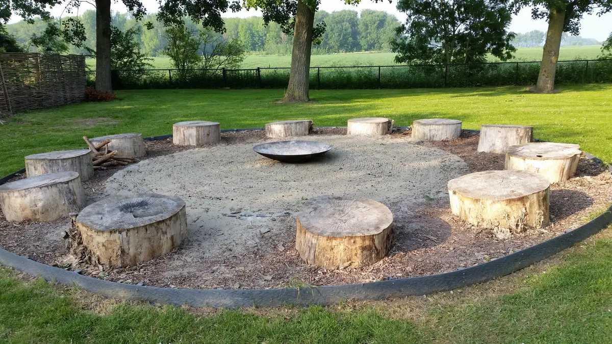 Boomstronken in een cirkel rond een vuurschaal in de tuin